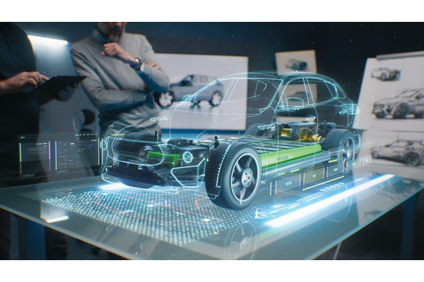 Engineer looks at car hologram. Ammonia powered engines to reduce carbon emissions being explored.