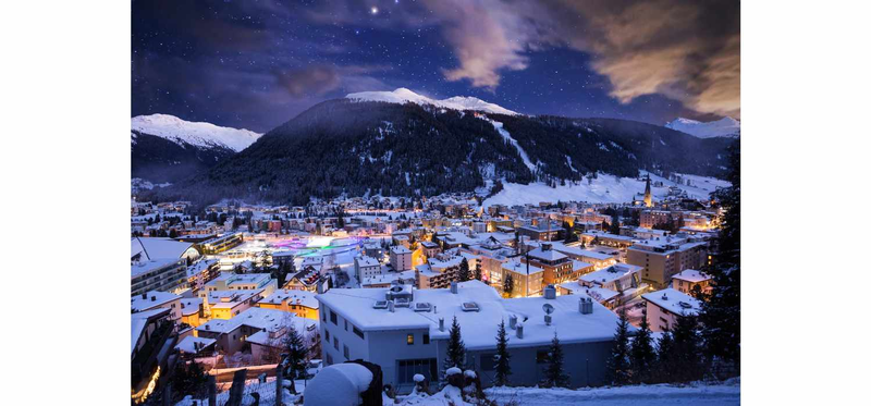 Davos city winter blue hour night scene.