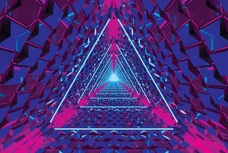Blue pink neon triangle portal abstract background. Glowing lines, virtual reality tunnel, corrridor.