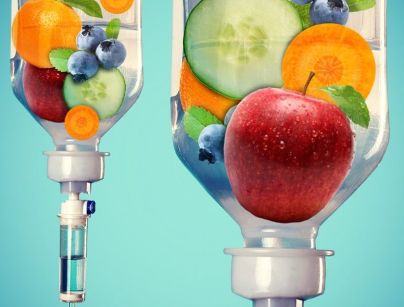 An IV bag filled with fruit