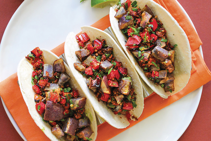 Plate of tacos made with plant-based meat alternative