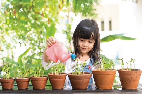 Child outdoors watering row of potted plants